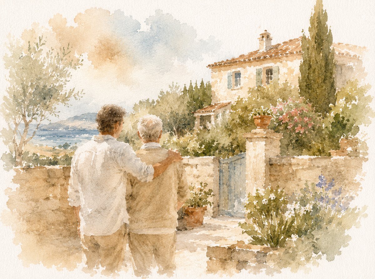 Watercolor of a couple looking out over a Mediterranean villa and coastline