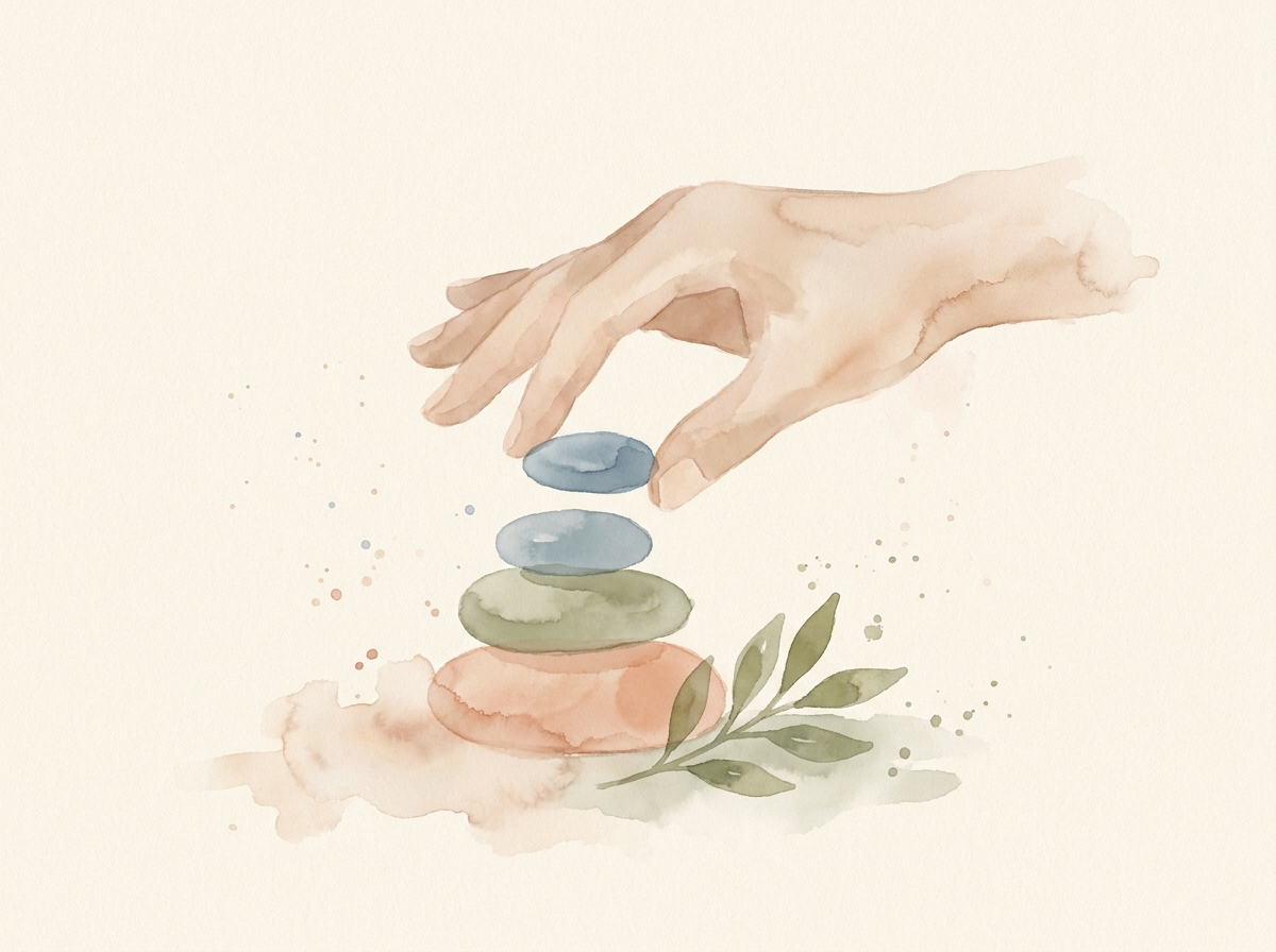 Watercolor of a hand setting a smooth blue pebble on a small balanced stack of stones beside a sage sprig, on cream paper