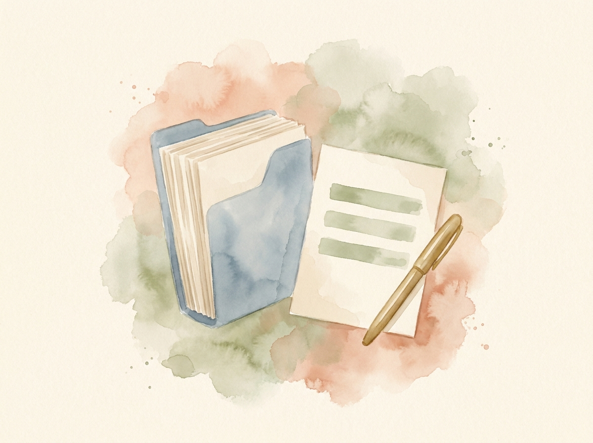 Watercolor of a single short one-page form and a pen beside a thick folder of papers