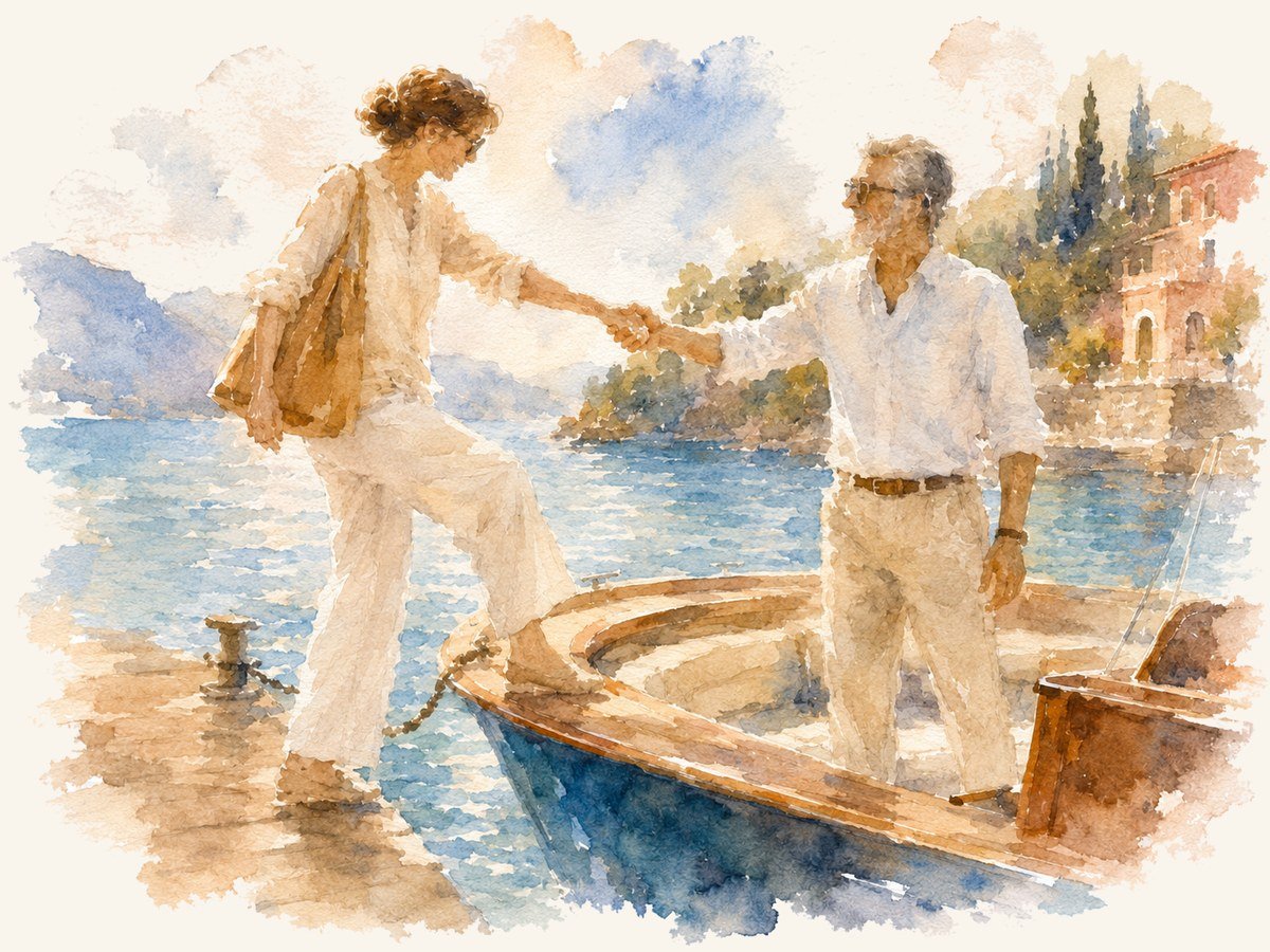 Watercolor of a couple stepping onto a wooden boat at a Mediterranean harbor